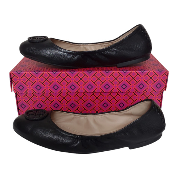 TORY BURCH Black Leather Ballet Flats Size 8.5 Shoes Elasticized Basic Simple - Picture 4 of 8